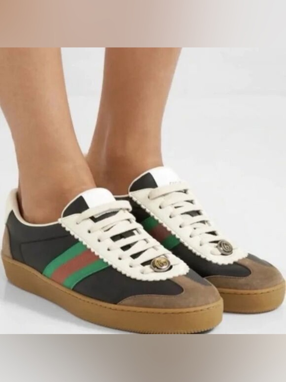 Gucci G74 leather low-top sneakers with Green & Red Web and Cream Accents